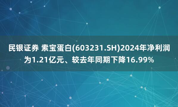 民银证券 索宝蛋白(603231.SH)2024年净利润为1.21亿元、较去年同期下降16.99%